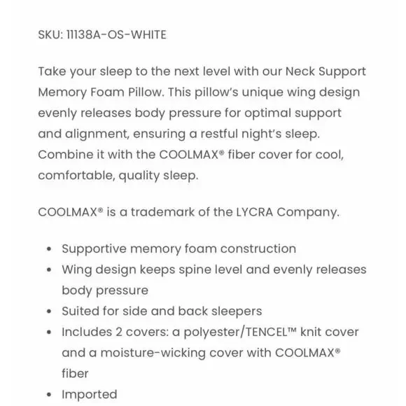 The Company Store Soft Neck Support Memory Foam Pillow Size 15"x24.75" W… - Picture 4 of 8